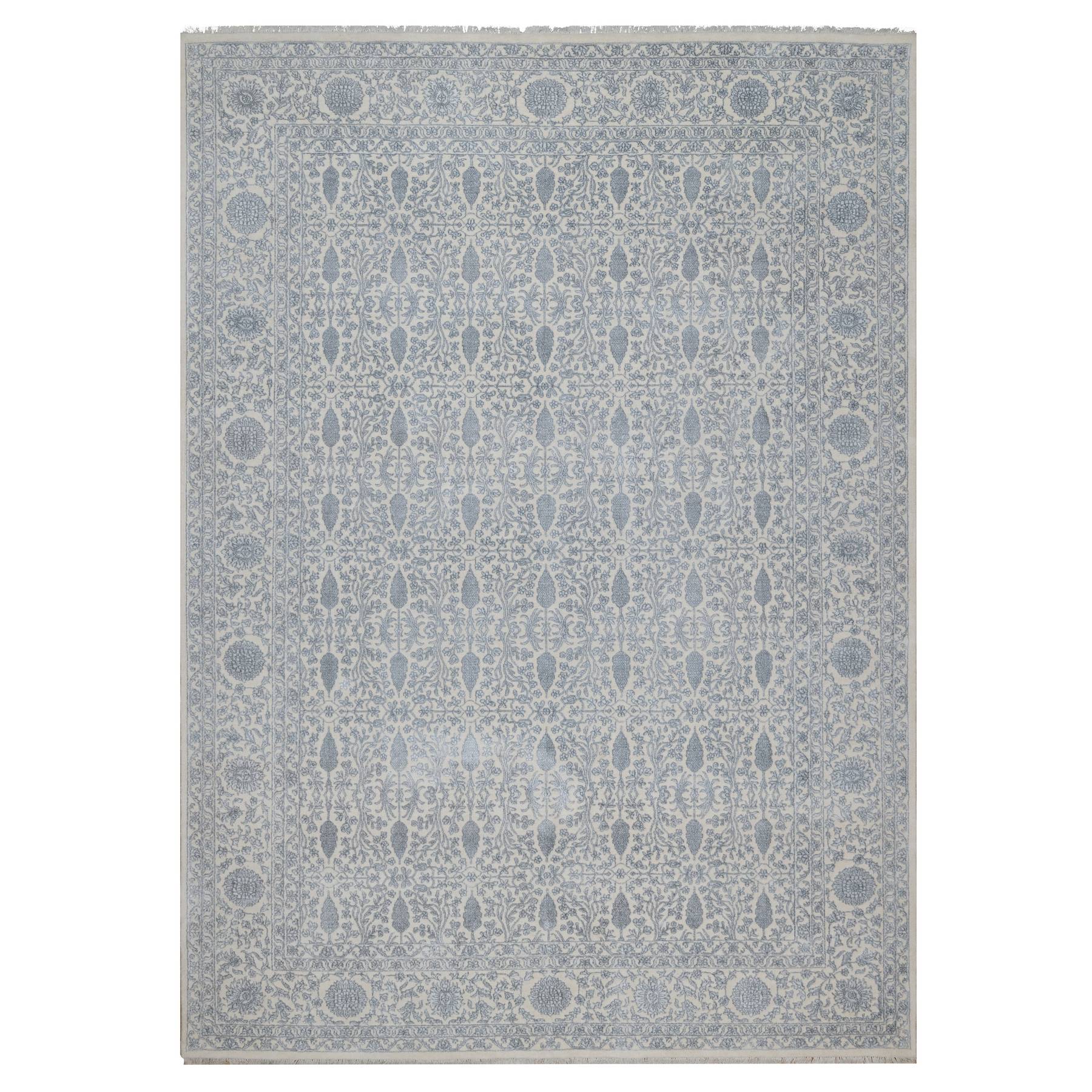 Chiffon White, Persian Design with Repetitive Floral Motifs, Light Tone on Tone, Wool and Plant Based Silk, Thick and Plush, 200 KPSI, Hand Knotted, Oriental Rug
